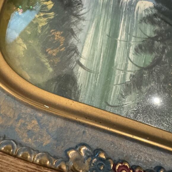 Antique Convex Bubble Frame Hexagonal Floral Carved Wood Mountain Waterfall READ - Picture 2 of 11